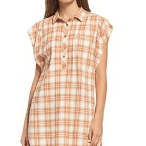 A.N.A. Tunic Top Orange White Plaid‎ Collared Short Sleeve Pleated Casual Boho M
